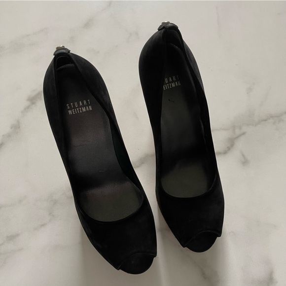 Stuart Weitzman Cork Platform Peep Toe Heel Pump Nubuck Black Leather Size 10 M - Picture 2 of 9